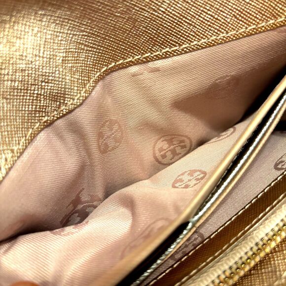 Tory Burch Metallic‎ Silver & Rose Gold Leather Fold Over Large Wallet - Picture 5 of 8